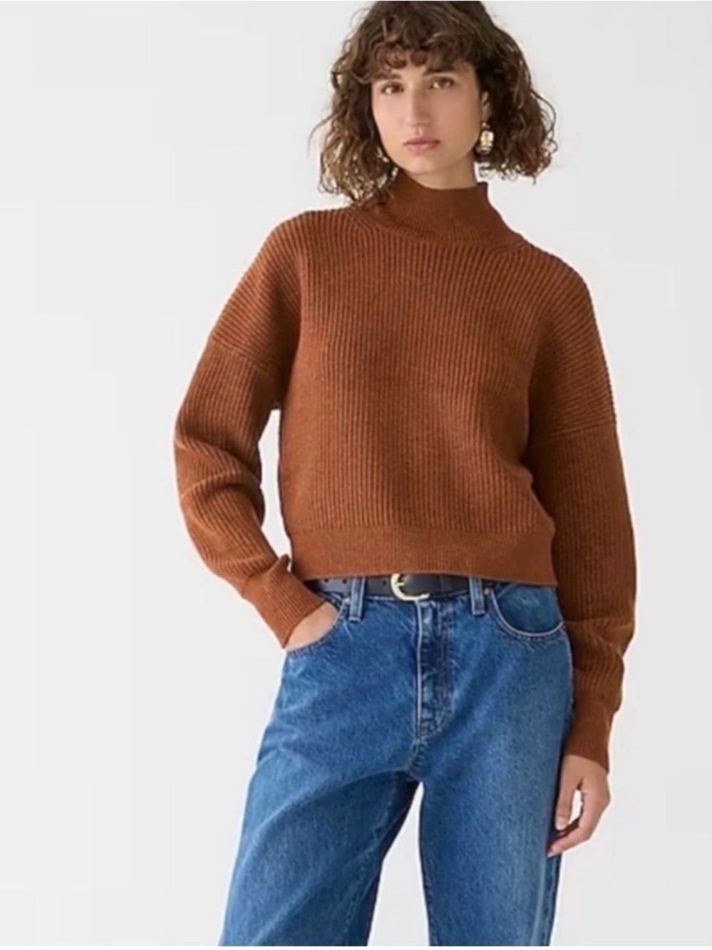 J Crew Ribbed turtleneck sweater in stretch yarn in Rust Brown